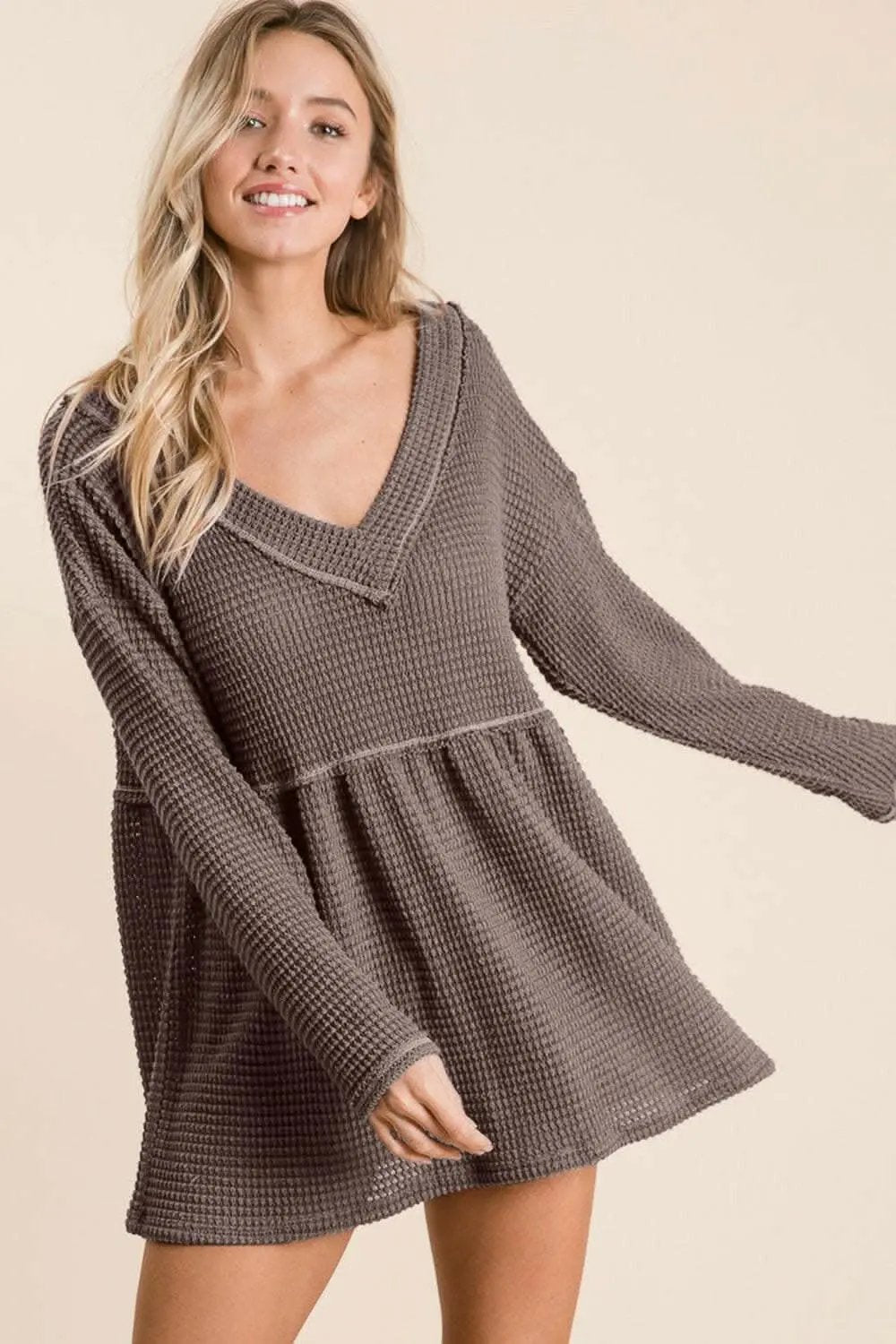 BiBi Waffle Knit V-Neck Babydoll Blouse - Love Salve